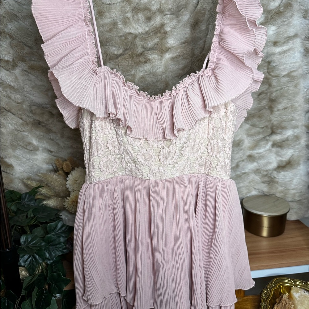 Altar'd State Pink Lace Ruffle Mini Dress